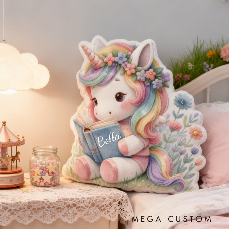 Personalized Reading Horse Throw Pillow Cartoon Horse Pillow with Name Book Pillow for Kids Boys Girls Book Lover Christmas Gift