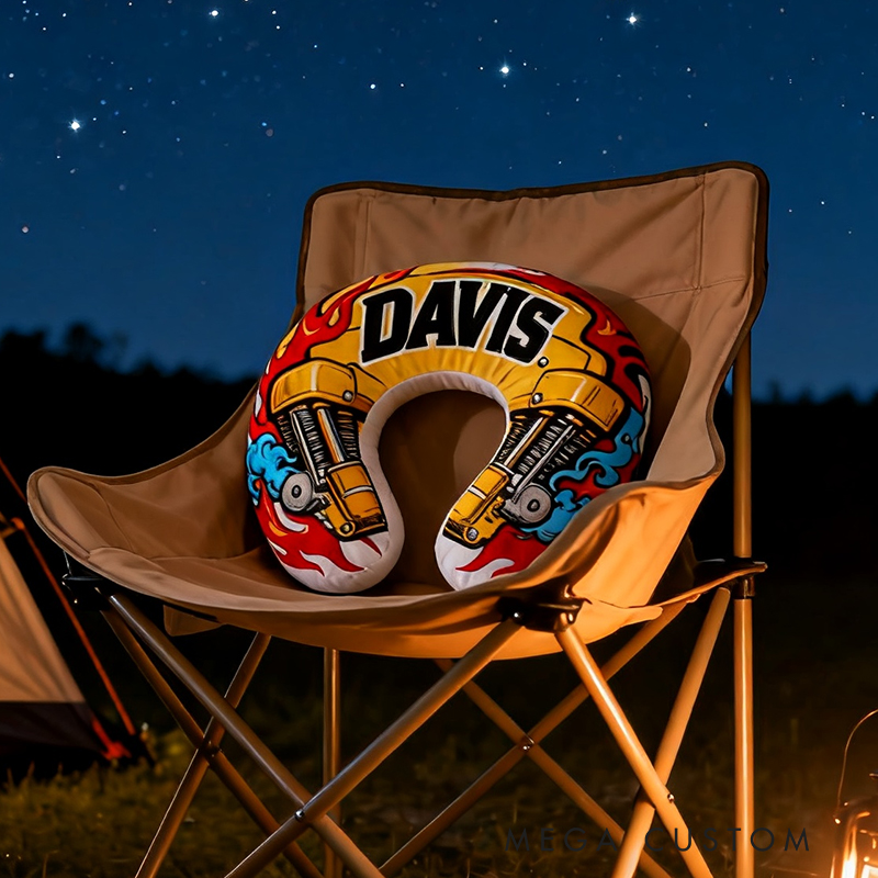 Personalized Racing Flame Neck Pillow Custom Name U‑Shaped Travel Cushion for Car Lovers and Motorsport Fans