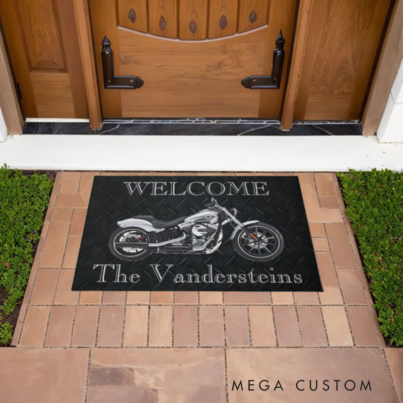 Personalized Motorcycle Welcome Mat Custom Family Name Doormat for Biker Homes and Motorcycle Lovers