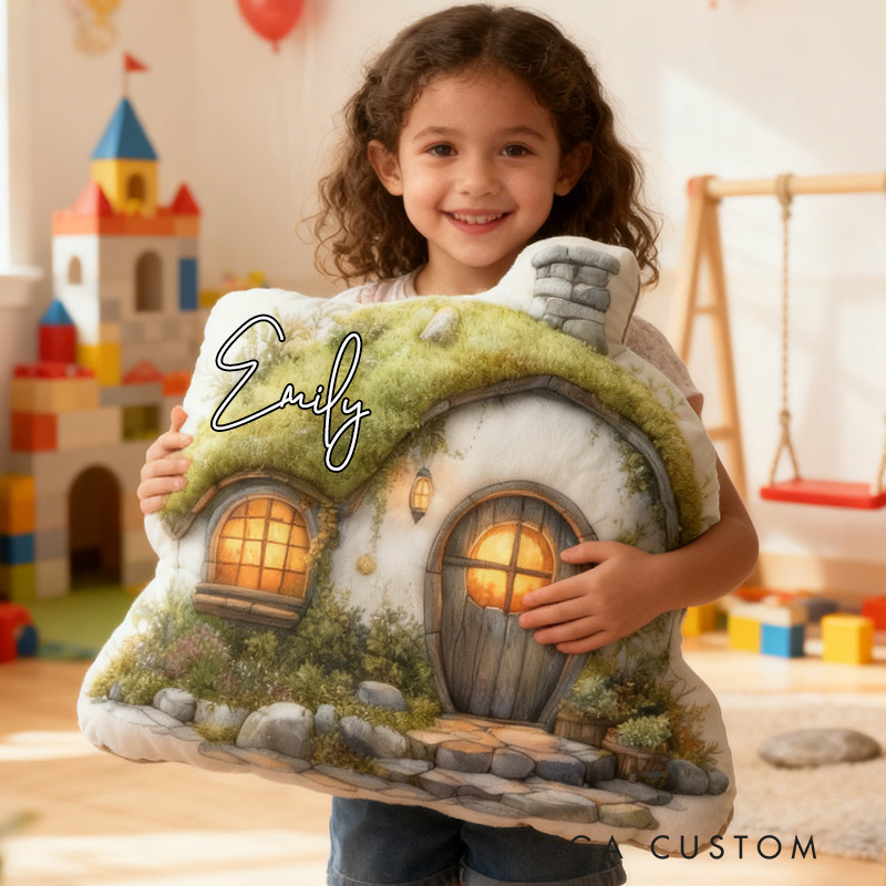 Personalized Hobbit Houses Pillow Graphic 3D Print Custom Name Cottagecore Pillow Gift for Kids Famlily Housewarming Gift Cozy Home Decor