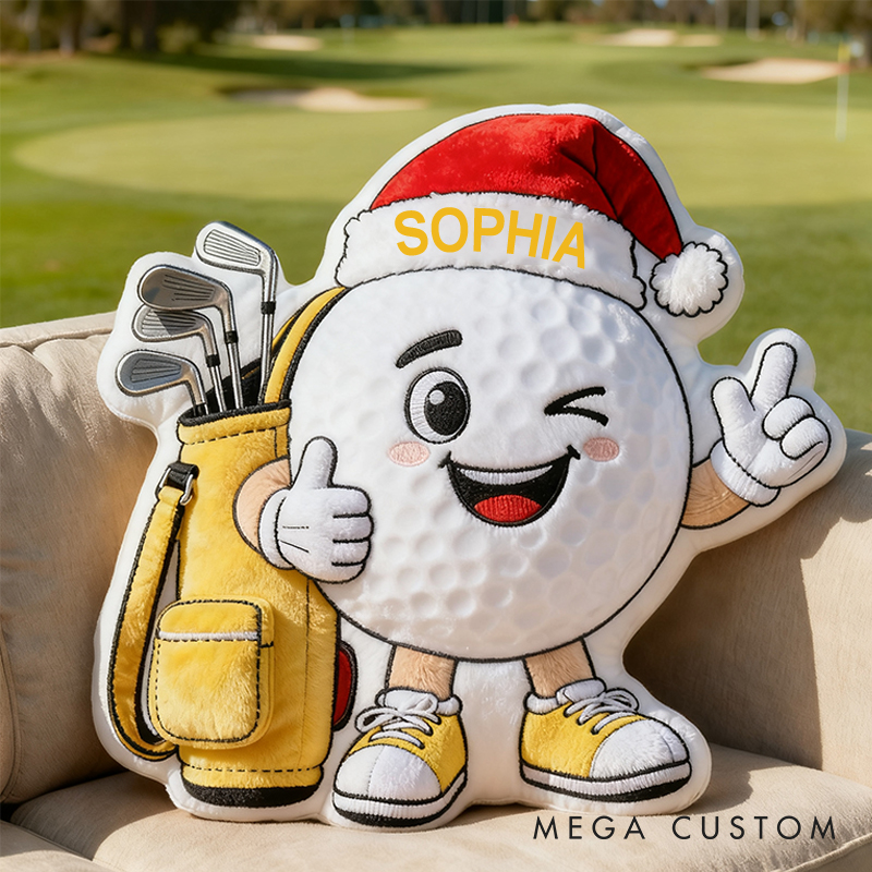 Personalized Golf Ball Pillow with Santa Hat and Custom Name for Golf Lovers