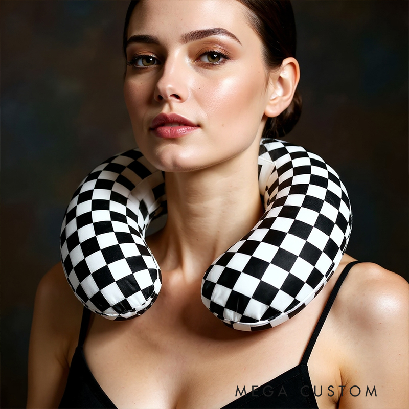 Personalized Racing Checkered Flag Travel Neck Pillow Custom Name U‑Shape Cushion for Racers and Racing Enthusiasts