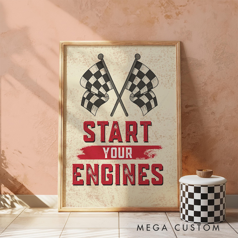 Personalized Racing Wall Art Print Custom Text Race Flag Poster Gift for Car Lovers or Man Cave Decoration