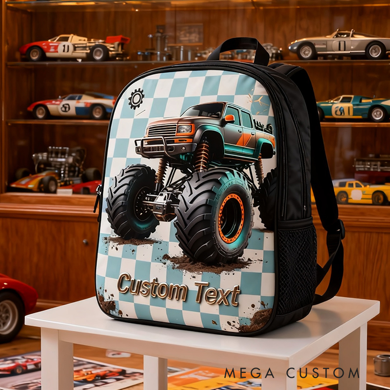 Personalized Monster Truck Themed Backpack Custom Text Racing Style Backpack for Car Lovers