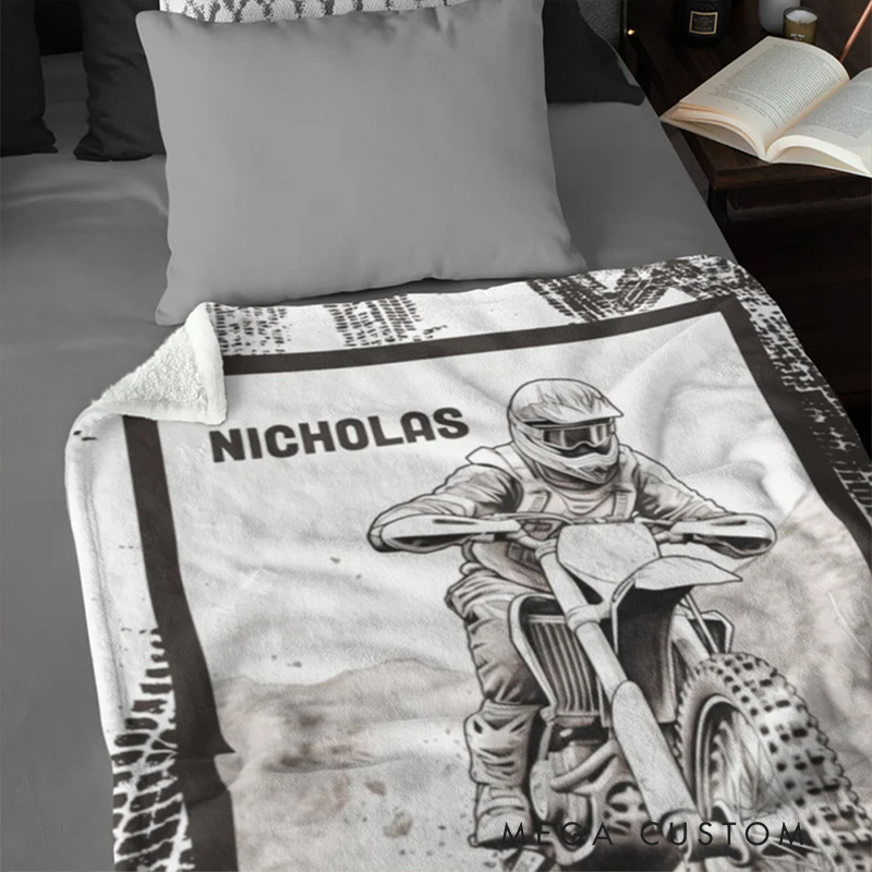 Personalized Dirt Bike Blanket Custom Name Fleece Throw Gift for Motorcycle and Motocross Lovers