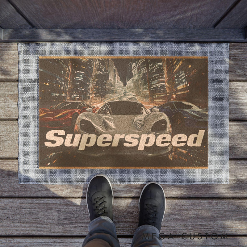 Personalized Racing Car Coir Doormat Custom Text Super Speed Design for Garage or Home Decor