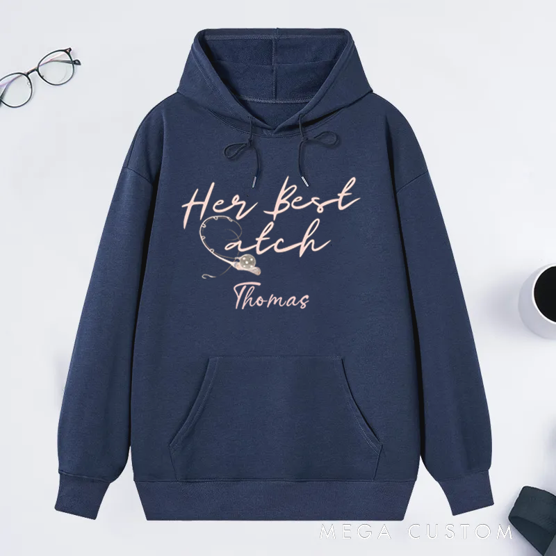 Personalized Fishing Couple Hoodies Funny Fishing Sweatshirt His or Her Best Catch Design Custom Name Romantic Gift for Fishing Lovers Wife Husband or Couples