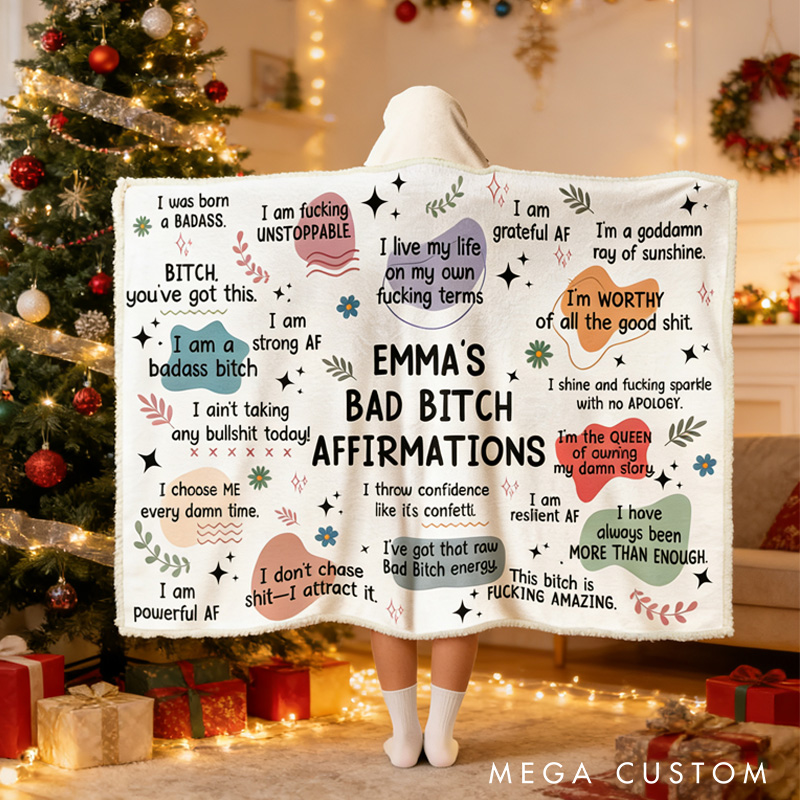 Personalized Bad B*tch Affirmations Blanket Hoodie Custom Wearable Blanket Hoodie with Name for Book Lovers Bookworm Birthday Gift