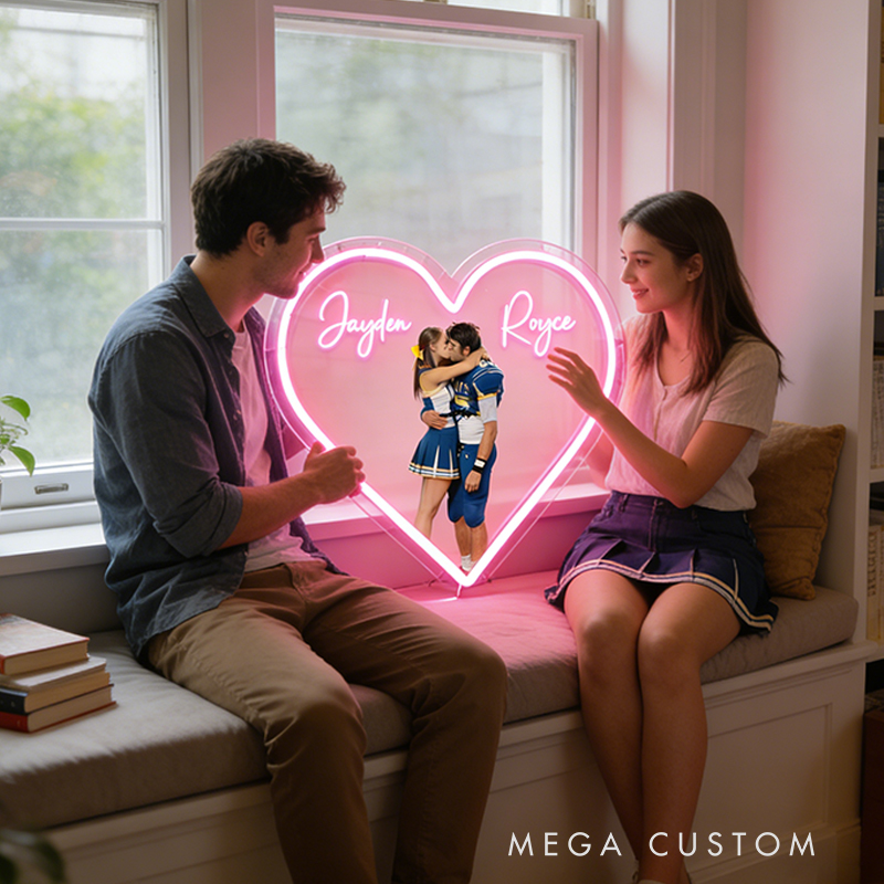 Personalized Football Player Couple Heart Neon Sign with Names and Photo for Romantic Valentine’s Day Decor
