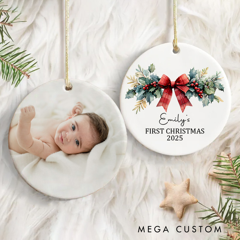 Personalized First Christmas Ornament Featuring Festive Bow and Holiday Wreath Christmas Ornament