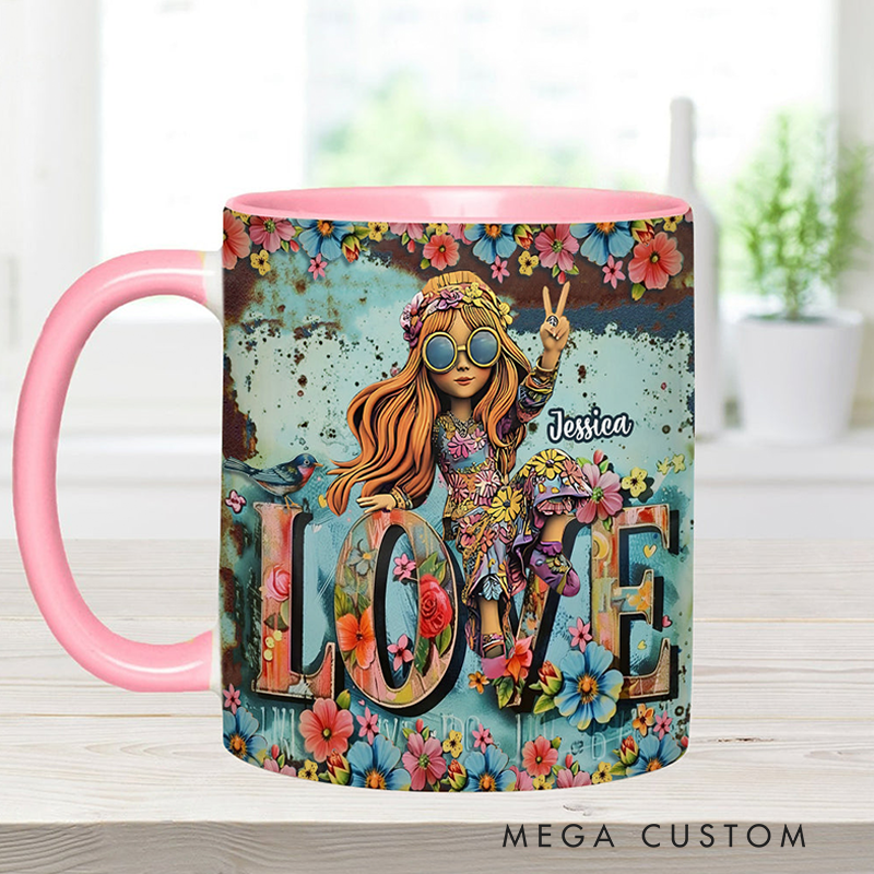 Personalized Hippie Accent Mug Custom Name Hippie Girl Hippie Soul Peace Love Mug for Music Lover Gift