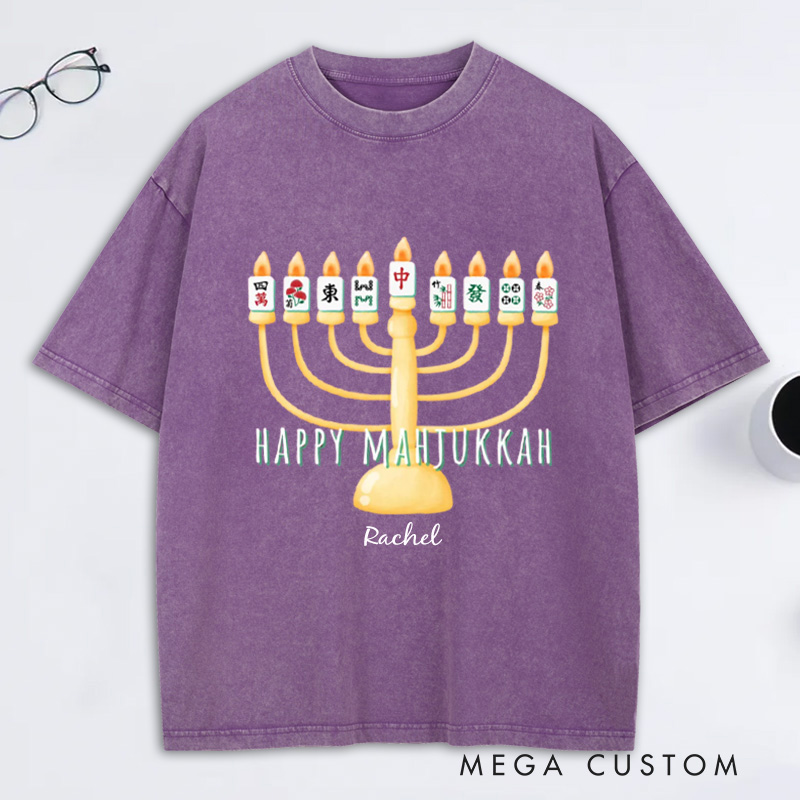 Personalized Hanukkah Mahjong Washed T-Shirt with Name Mahjong Lovers Holiday Shirt Mahj Funny Tee Jewish Holiday Gift Religious Funny Gift