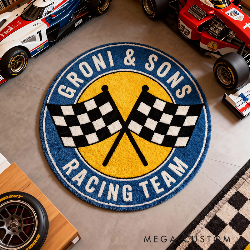 Personalized Racing Team Rug Custom Name Checkered Flag Round Carpet Gift for Car Lovers Garage Decor