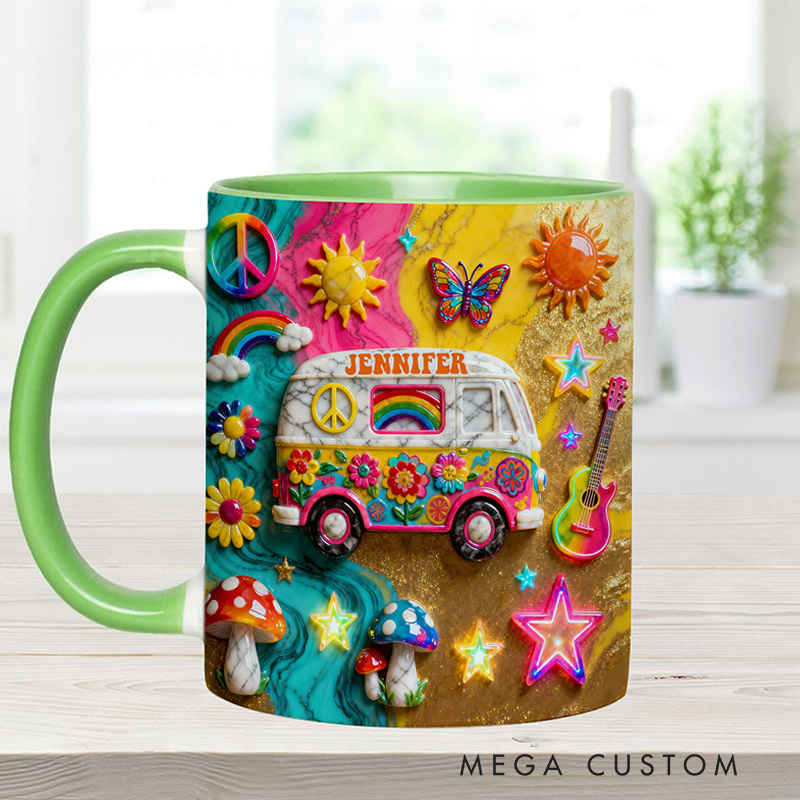 Personalized Hippie Souls Accent Mug Custom Name Colorful Hippie Car Hippie Coffee Mug Bohemian Coffee Mug