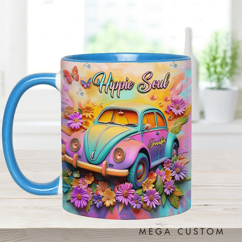 Personalized Hippie Souls Accent Mug Custom Name Colorful Hippie Car Hippie Coffee Mug Bohemian Coffee Mug