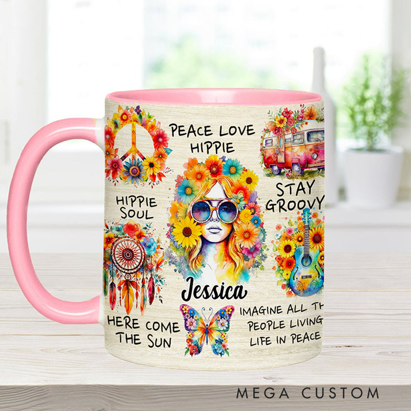 Personalized Hippie Accent Mug Custom Name Hippie Girl Hippie Soul Peace Love Mug for Music Lover Gift