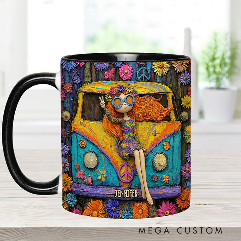 Personalized Hippie Accent Mug Custom Name Hippie Girl and Cars Hippie Soul Peace Love Mug for Music Lover Gift