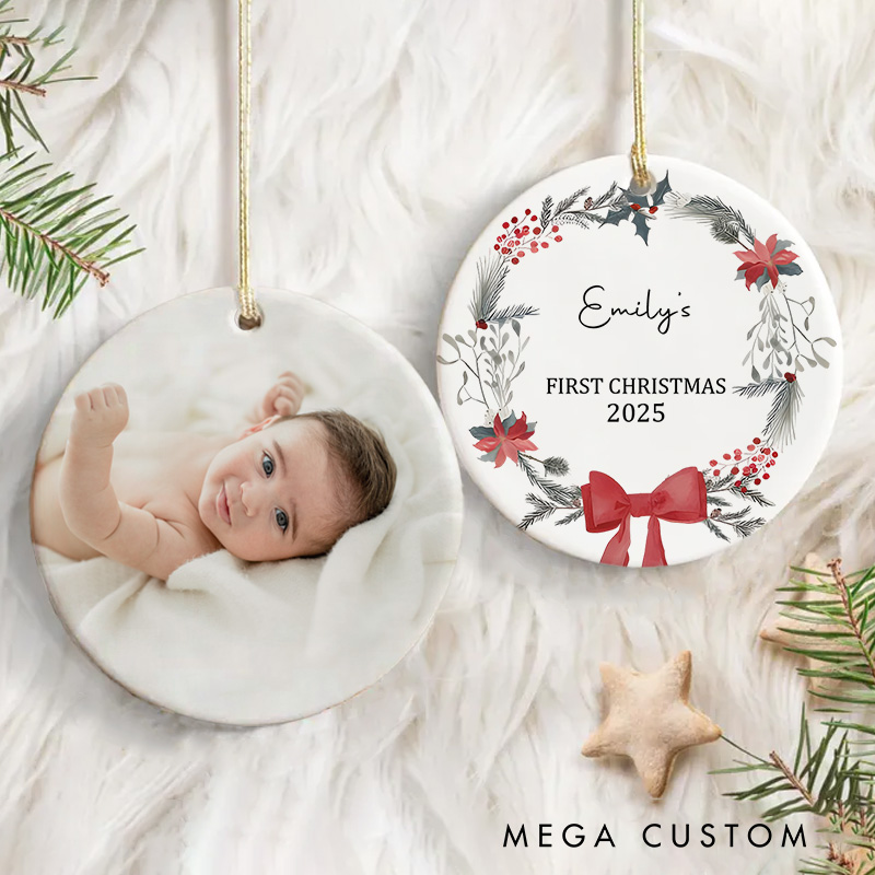 Personalized First Christmas Ornament Highlighting Elegant Bow and Floral Accents Christmas Ornament