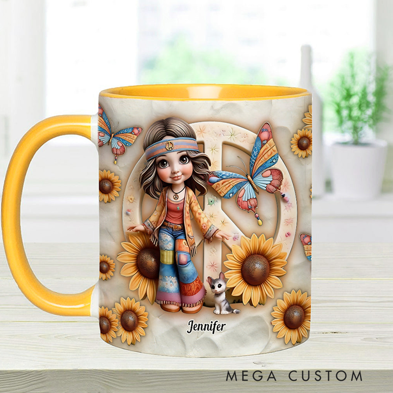 Personalized Hippie Accent Mug Custom Name Hippie Girl Hippie Soul Peace Love Mug for Music Lover Gift