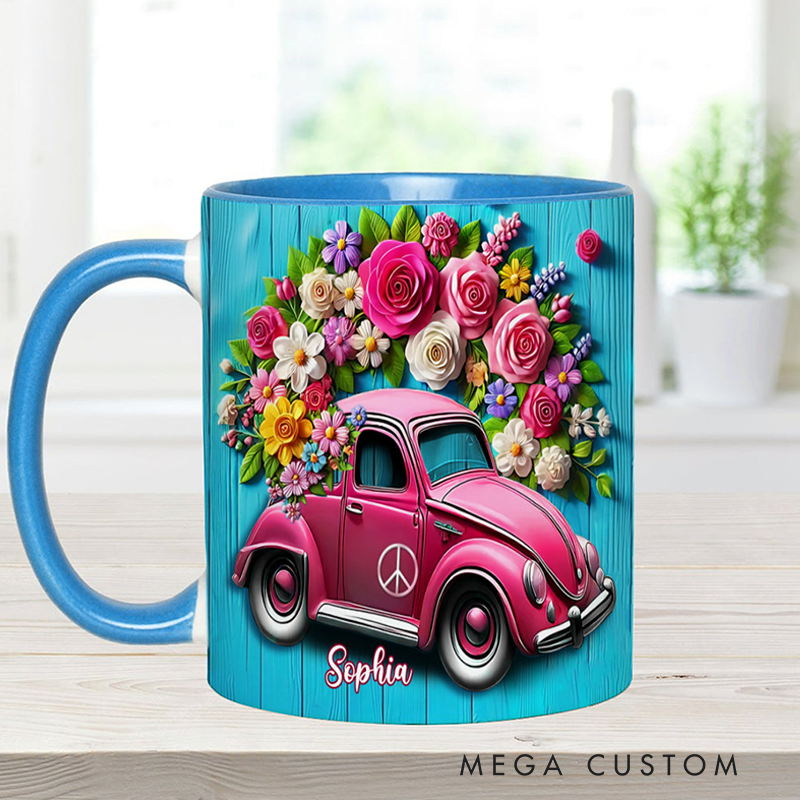 Personalized Hippie Accent Mug Custom Name Colorful Hippie Cars Mug for Music Lover Gift