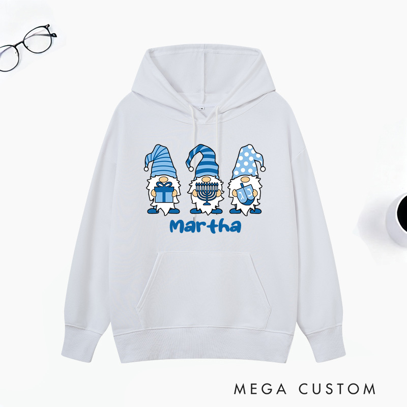 Personalized Gnomes Hanukkah Classic Hoodies with Name Unisex Hoodies Religious Gift Happy Hanukkah Gift for Jewish People
