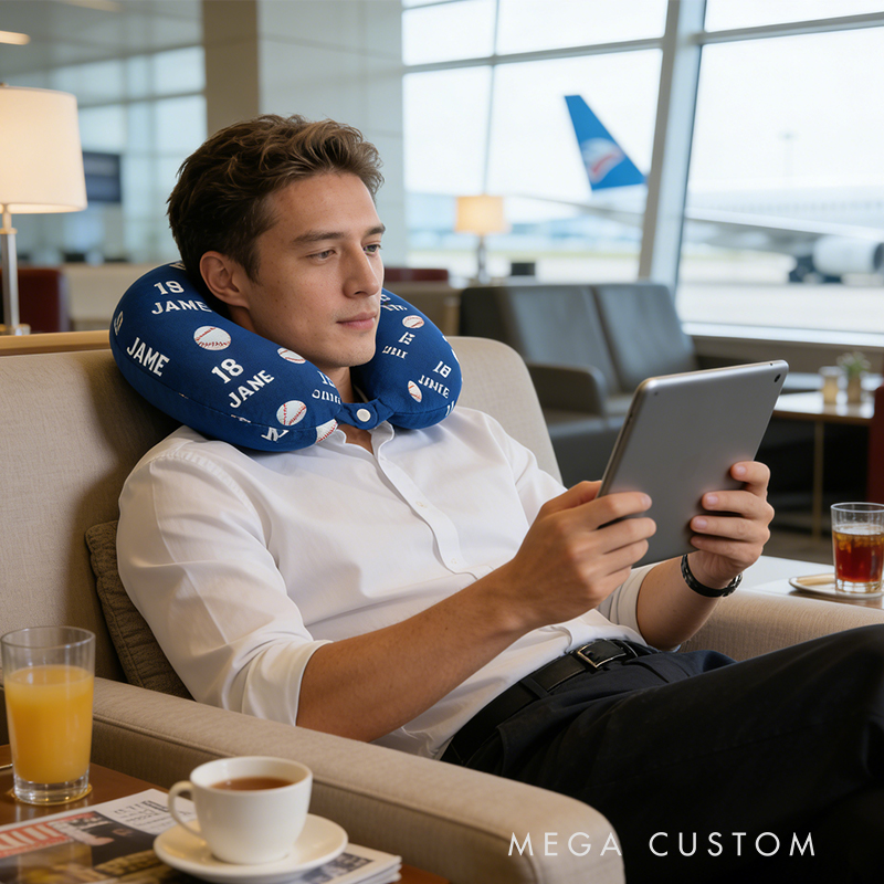 Personalized Baseball U-Shaped Pillow with Name and Jersey Number for Sports Lovers and Travelers