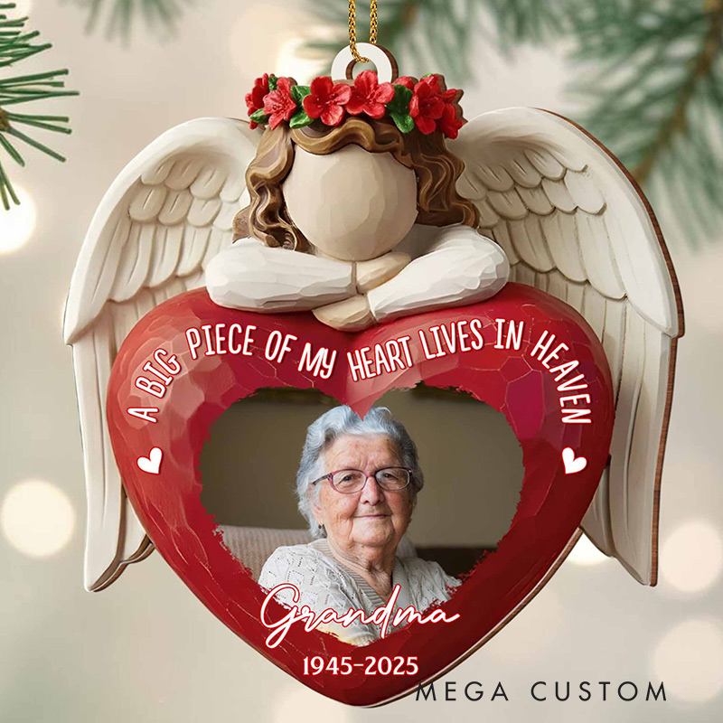 Personalized Wood Ornament A Big Piece Of My Heart Lives In Heaven Angel Heart Ornament Memorial Gift for Family