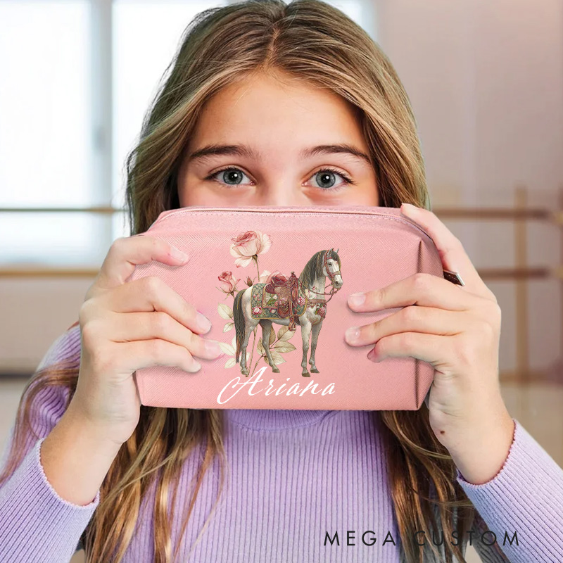 Personalized Horse Makeup Tool Organizer Toiletry Bag Custom Name for Kids Travel Gifts and Daily Use Weekender Back To School Gift for Girls Riding Lovers Equestrian Lovers
