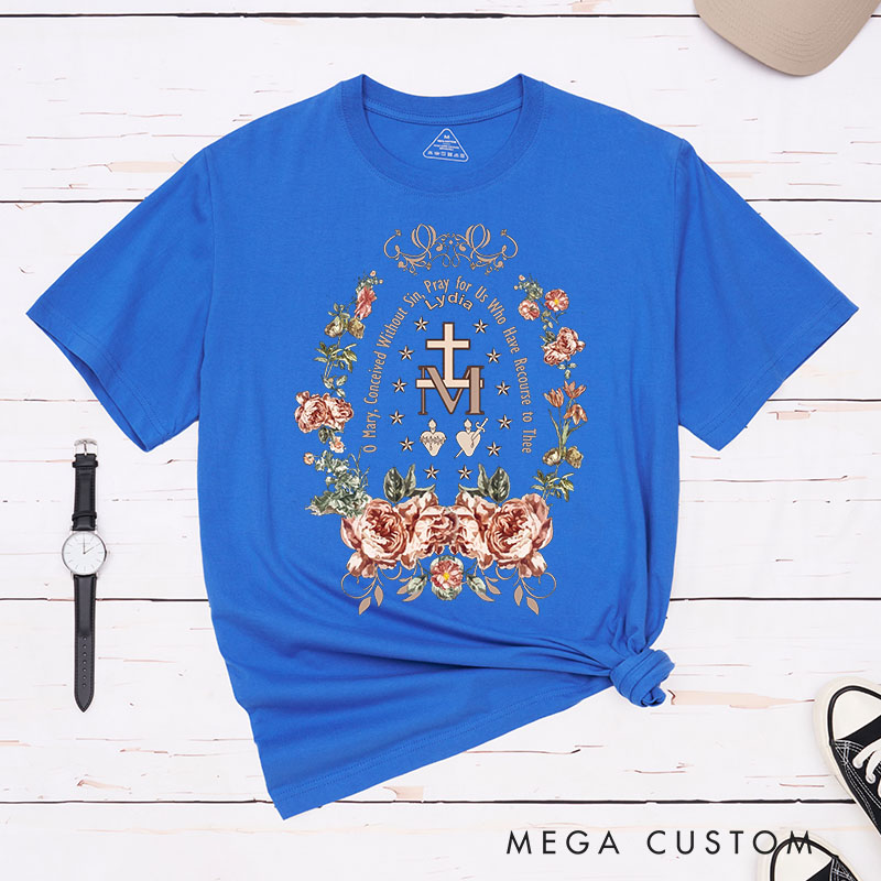 Personalized Virgin Mary Classic T-Shirt with Floral Wreath Cotton Shirt Catholic Gift Easter Christmas Gift for Women 