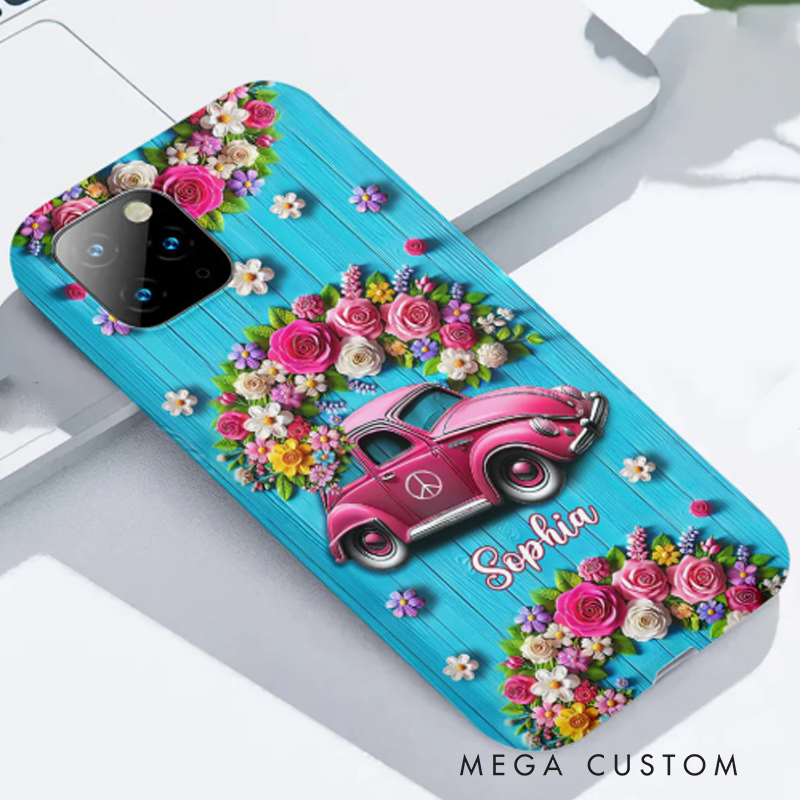 Personalized Hippie Accent Phone Case Custom Name Hippie Cars Theme and Flower Case