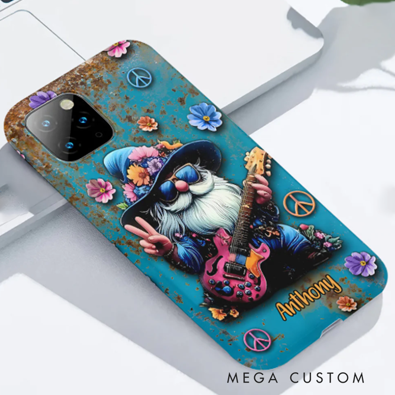 Personalized Hippie Gnome and Guitar Hipper Phone Case Custom Name Hippie Theme and Flower Case