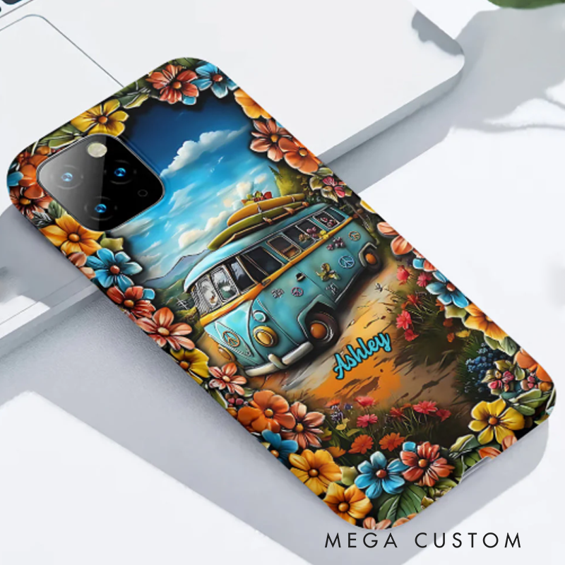 Personalized Hippie Accent Phone Case Custom Name Hippie Cars Theme and Flower Case