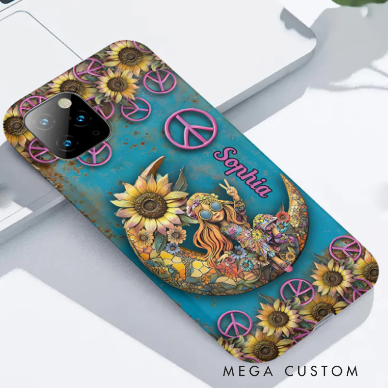 Personalized Hippie Girl Accent Phone Case Custom Name Hippie Theme and Flower Case