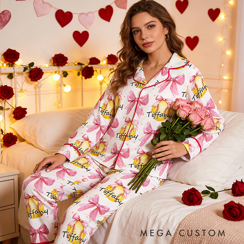 Personalized Couple Softball Pajamas with Custom Name and Romantic Design Gift for Anniversaries Valentine’s Day 
