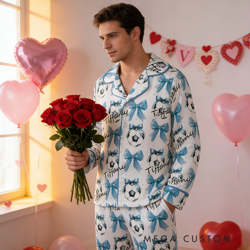 Personalized Couple Soccer Pajamas with Custom Name and Bow Design Gift for Anniversaries Valentine’s Day