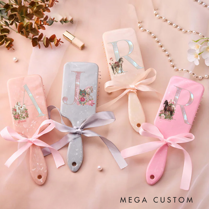 Personalized Horse Riding Initial Name Airbag Comb Hair Comb Pink Airbag Brush Anniversary Gifts for Girls for Horse Lovers Riding Lovers Equestrian Lovers