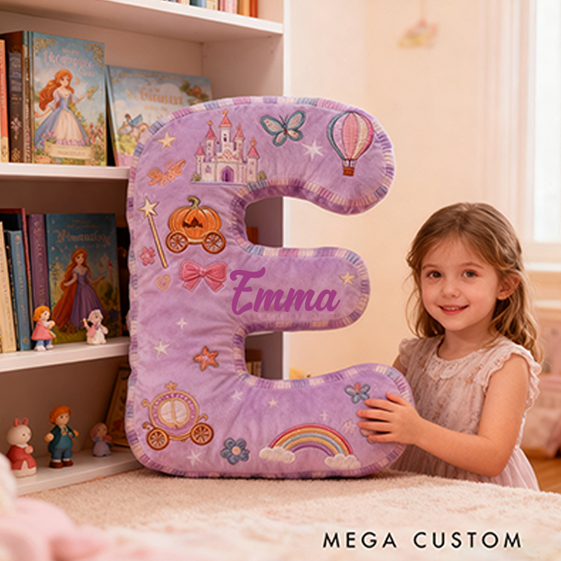 Personalized Princess Letter Christmas Gift Pillow Purple Design and Fairytale Embroidery Graphic 3D Print Pillow for Kids