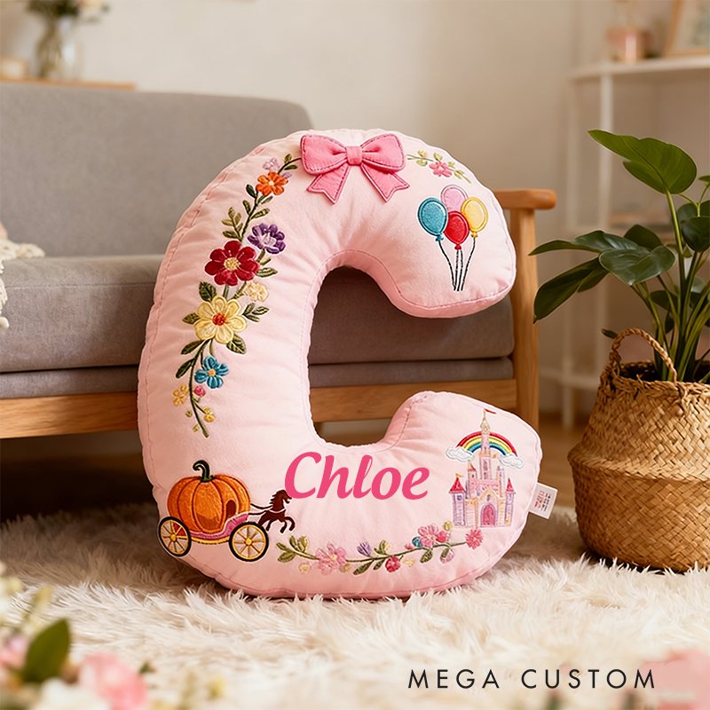 Personalized Pink Letter Christmas Gift Pillow with Castle Pumpkin Carriage Rainbow for a Fairytale Inspired Design Graphic 3D Print Pillow