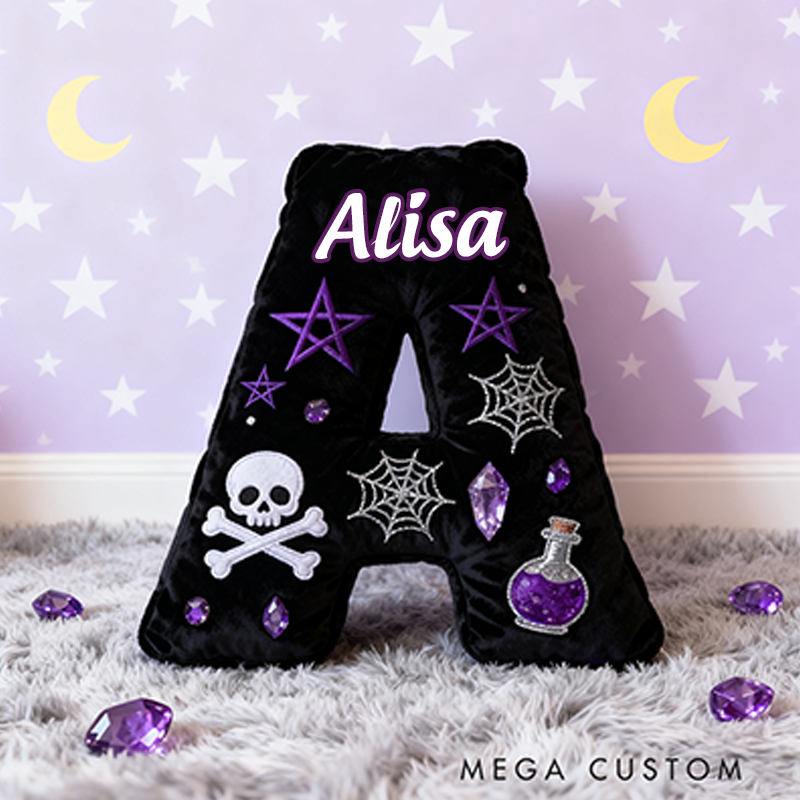 Personalized Witchy Christmas Gift Pillow with Skulls Potions Spiderwebs Stars Moons and Magical Gothic Design Graphic 3D Print Pillow for Kids