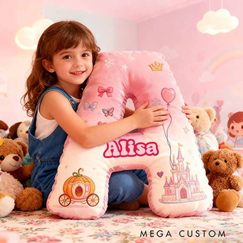 Personalized Letter Christmas Gift Pillow Princess Theme Castle Pumpkin Carriage Crown Balloons and Whimsical Fairy Tale Design Graphic 3D Print Pillow