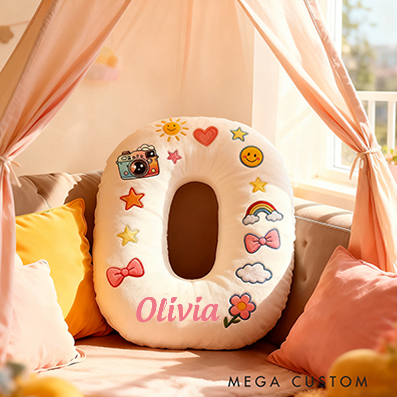 Personalized 26 Letters Shaped Christmas gift Pillow with Cute Camera Bowknots Flowers Smiley Faces Stars and Pastel Design Graphic 3D Print Pillow
