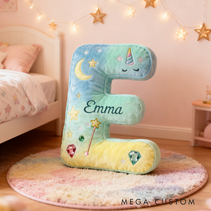 Personalized Colorful 26 Letters Unicorn Starry Dream Cute Graphic 3D Print Pillow Cute Magic Beautiful Letter Custom Pillow Gift for Kids