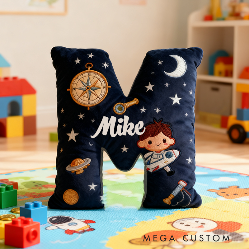 Personalized Space Themed Christmas Gift Pillow with Stars Moon Spaceship Compass Telescope and Astronaut Design Graphic 3D Print Pillow
