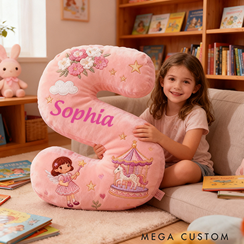 Personalized Pink Letter Christmas Gift Pillow Pink Fairy Tale Design Carousel Magic Wand Flowers and Whimsical Embroidery Graphic 3D Print Pillow