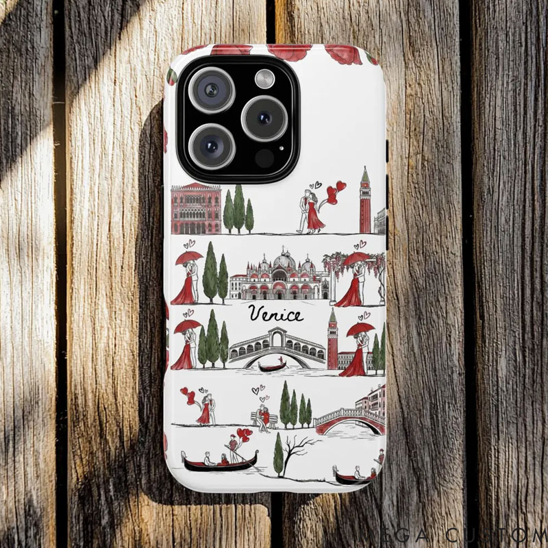 Personalized Romantic Venice Line Art Phone Case with Custom Name for Traveling Lovers 