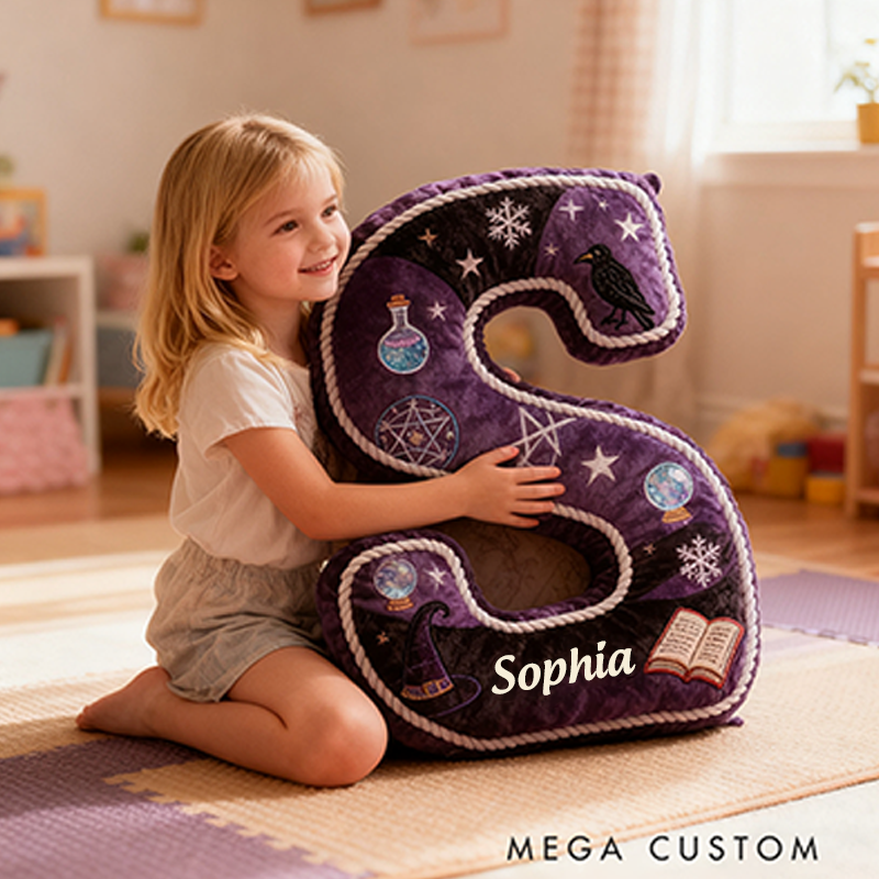 Personalized Witchy Letter Pillow Purple and Black Design and Mystical Embroidery Graphic 3D Print Pillow for Kids