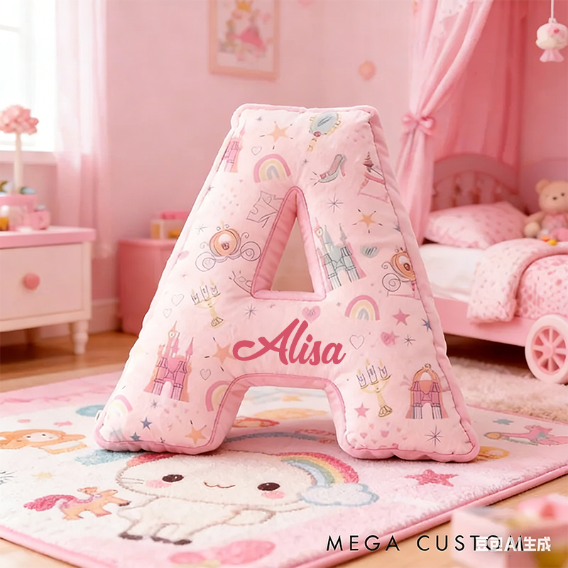 Personalized 26 Letters Christmas Gift Pink Pillow with Castles Rainbows Stars and Whimsical Fairy Tale Design Graphic 3D Print Pillow for Kids