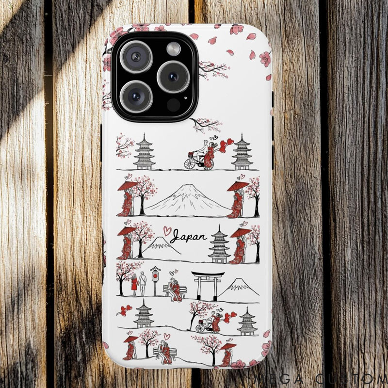 Personalized Romantic Sakura Japan Line Art Phone Case with Custom Name for Traveling Lovers 