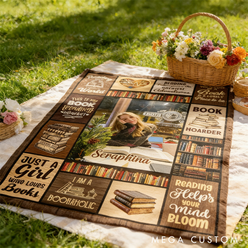 Personalized Just a Girl Who Loves Books Throw Blanket Custom Photo and Name Blanket for Book Lovers Reader Bookish Bookworm Librarian Gift