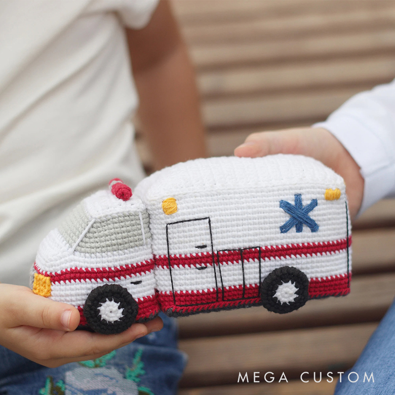 Handmade Crochet Vehicle Toys Fire Truck Ambulance Police Car and Taxi Pattern Kit or Finished Toy